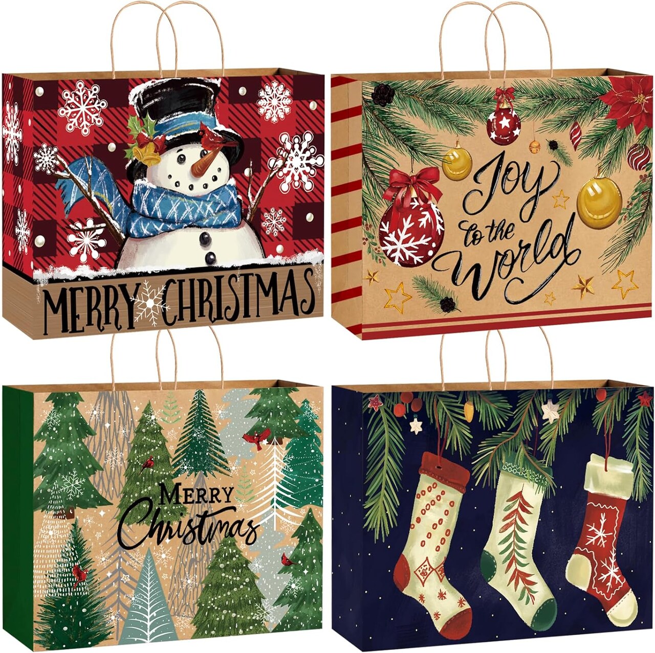 12pcs Extra Large Christmas Gift Bags, Jumbo Xmas Kraft Paper Bags Holiday Tote Bags for Gifts Large Christmas Treat Shopping Wrapping Bags for Xmas New Year Party Favors Supplies